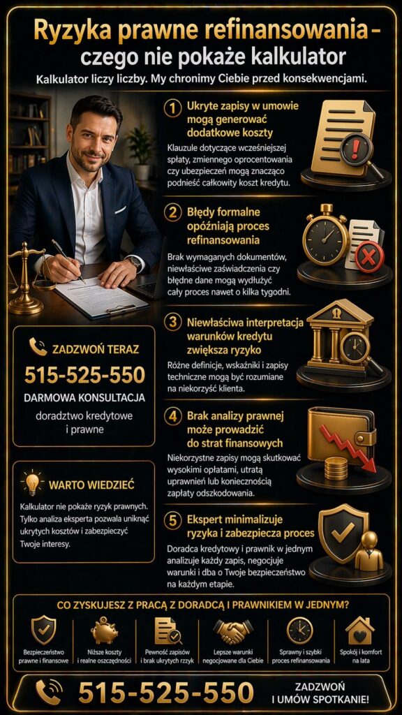 Kalkulator refinansowania kredytu hipotecznego pomija ryzyka prawne, które analizuje ekspert. Grafika przedstawia znaczenie weryfikacji zapisów umowy, eliminacji błędów formalnych oraz ochrony interesów klienta.