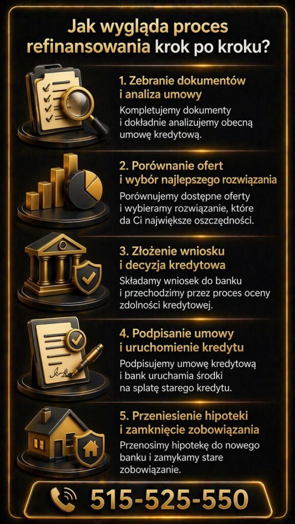 Kalkulator refinansowania kredytu hipotecznego w zestawieniu z procesem krok po kroku pokazuje etapy zmiany kredytu. Grafika obejmuje analizę umowy, porównanie ofert, decyzję banku oraz podpisanie nowej umowy kredytowej.