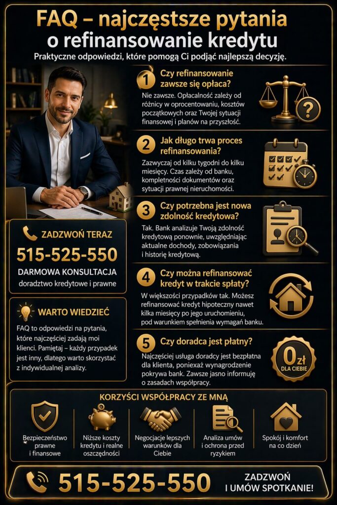 Refinansowanie kredytu hipotecznego kalkulator FAQ odpowiada na najczęstsze pytania klientów dotyczące opłacalności, czasu trwania procesu i kosztów. Grafika wspiera decyzję kredytową poprzez praktyczne i eksperckie wskazówki.