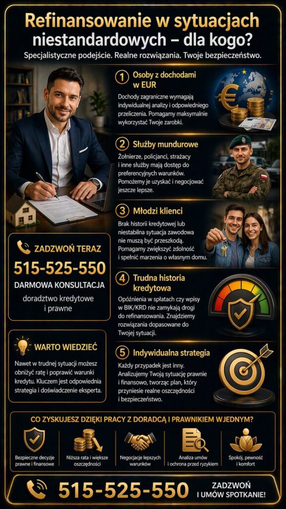 Refinansowanie kredytu hipotecznego w kalkulatorze nie oddaje sytuacji niestandardowych, takich jak dochody w EUR czy trudna historia kredytowa. Grafika pokazuje indywidualne podejście i dopasowanie strategii finansowej.