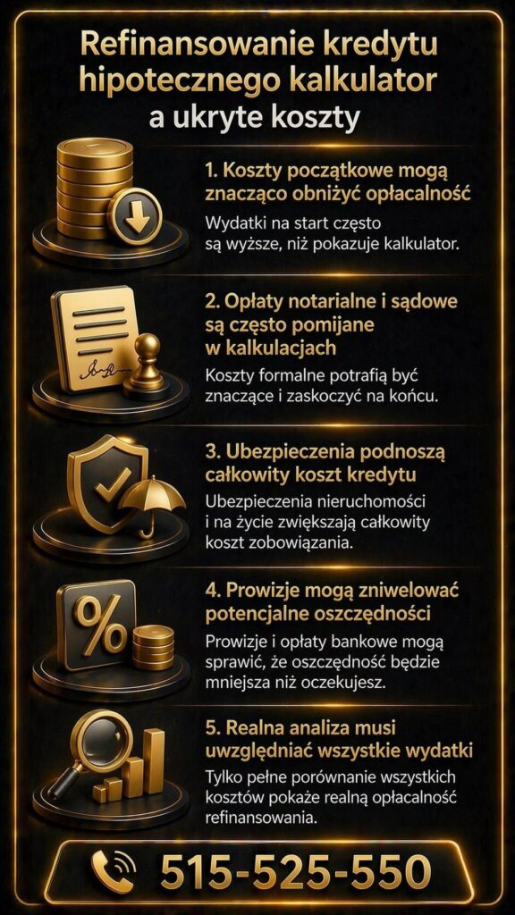 Symulacja refinansowania kredytu hipotecznego kalkulatorem nie uwzględnia wszystkich kosztów, takich jak opłaty notarialne czy prowizje. Grafika pokazuje ukryte wydatki wpływające na realną opłacalność refinansowania kredytu.