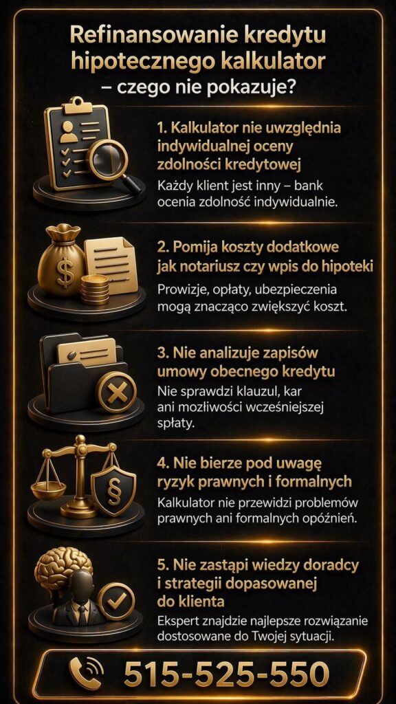 Refinansowanie kredytu hipotecznego kalkulator ukazuje ograniczenia narzędzia online, które nie uwzględnia wszystkich kosztów i ryzyk. Grafika pokazuje błędy wynikające z uproszczonych symulacji oraz brak analizy indywidualnej sytuacji klienta.