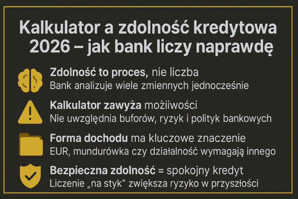 Refinansowanie kredytu hipotecznego kalkulator a zdolność kredytowa 2026 – infografika wyjaśniająca, jak bank naprawdę liczy zdolność. Kalkulator zawyża możliwości, nie uwzględnia buforów i polityk bankowych. Bezpieczna zdolność kredytowa oznacza stabilny i spokojny kredyt.