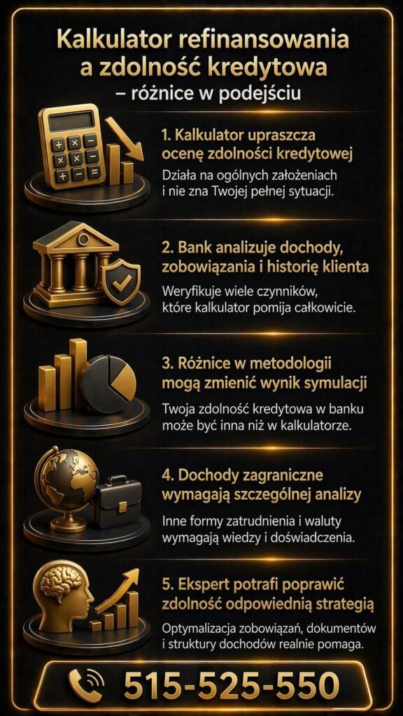 Refinansowanie kredytu hipotecznego kalkulator a zdolność kredytowa – grafika pokazuje różnice między uproszczoną symulacją a realną oceną banku. Podkreśla znaczenie dochodów, historii kredytowej i indywidualnej analizy klienta.