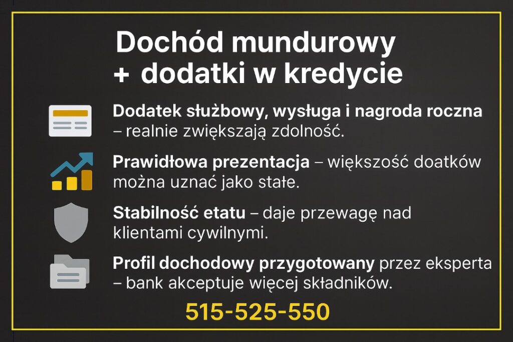 Infografika o tym, jak ekspert finansowy prezentuje dodatki służbowe, wysługę i nagrodę roczną w analizie zdolności kredytowej. Pokazuje wpływ stabilnego etatu i prawidłowo przygotowanego profilu dochodowego na decyzję banku. Numer 515-525-550.