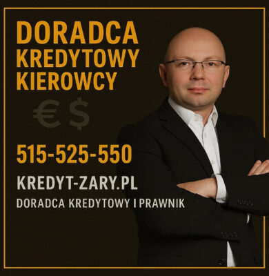 Doradca kredytowy dla kierowców przedstawiony na ciemnym tle w profesjonalnej pozie, w otoczeniu żółtej ramki, z widocznym numerem telefonu 515-525-550 i adresem kredyt-zary.pl. Grafika podkreśla specjalizację w kredytach hipotecznych i obsłudze kierowców.