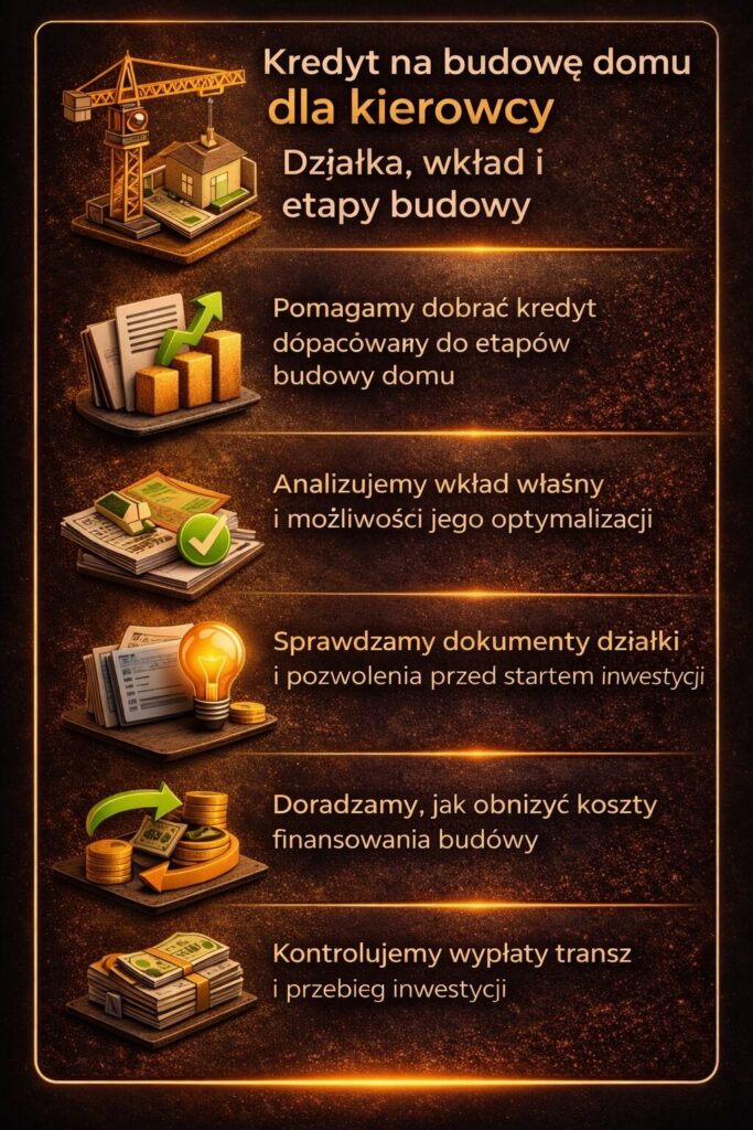 Doradca kredytowy dla kierowców pomaga w uzyskaniu kredytu na budowę domu, analizując wkład własny, dokumenty działki oraz etapy inwestycji, a także optymalizując koszty finansowania i kontrolując wypłaty transz kredytu