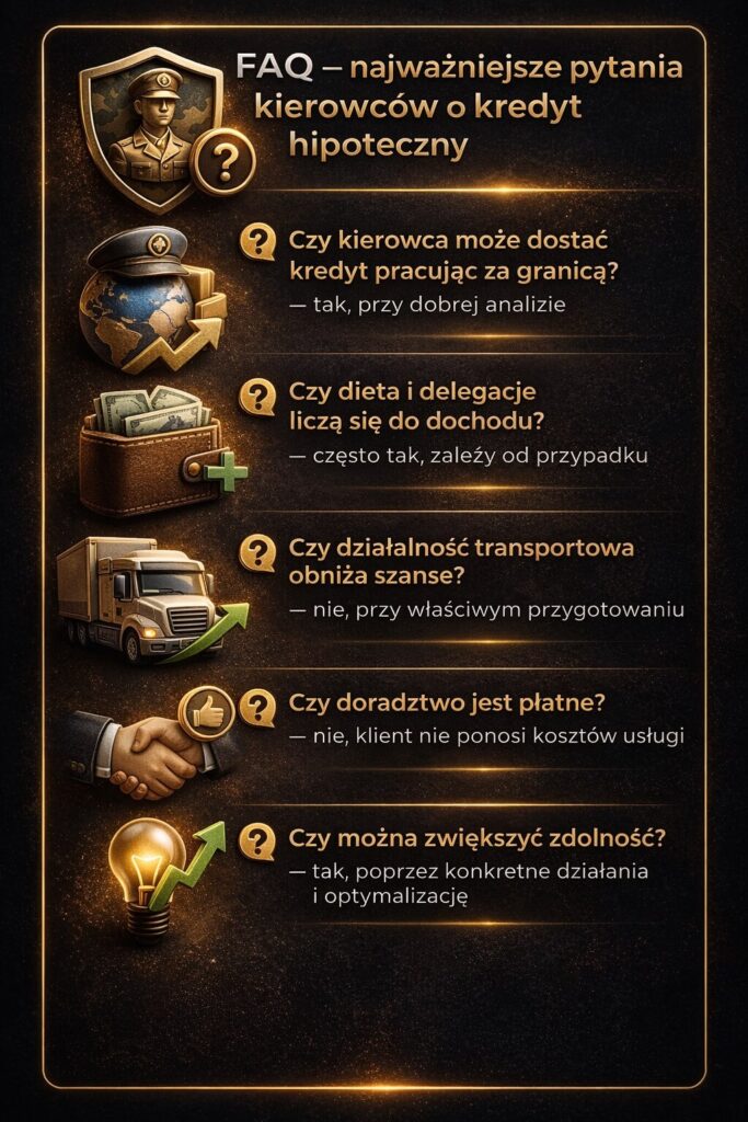Ekspert kredytowy dla kierowców odpowiada na najważniejsze pytania dotyczące kredytu hipotecznego, w tym pracy za granicą, dochodów z delegacji i kosztów doradztwa, pomagając rozwiać wątpliwości i przygotować się do procesu kredytowego