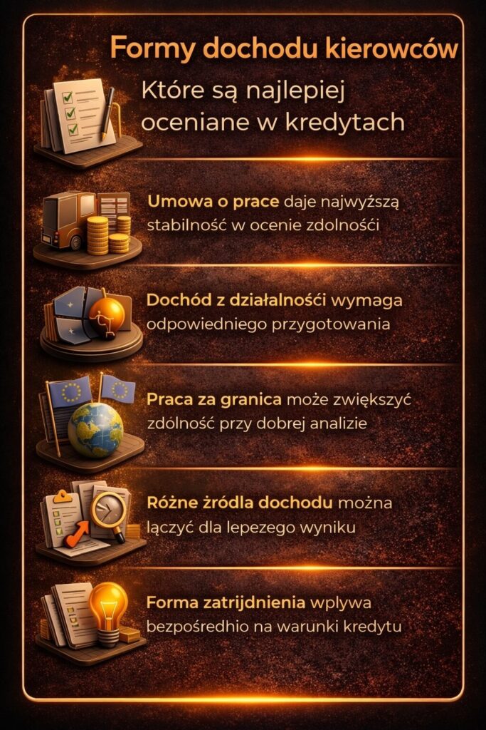 Doradca finansowy dla kierowców wyjaśnia które formy dochodu są najlepiej oceniane przez banki, jak łączyć źródła przychodu i przygotować działalność lub umowę o pracę, aby zwiększyć zdolność kredytową przy kredycie hipotecznym
