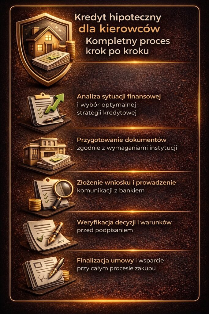 Doradca kredytowy dla kierowców prowadzi klienta przez cały proces kredytu hipotecznego – od analizy finansowej, przez kompletowanie dokumentów i kontakt z bankiem, aż po finalizację umowy, zapewniając oszczędność czasu i większą skuteczność