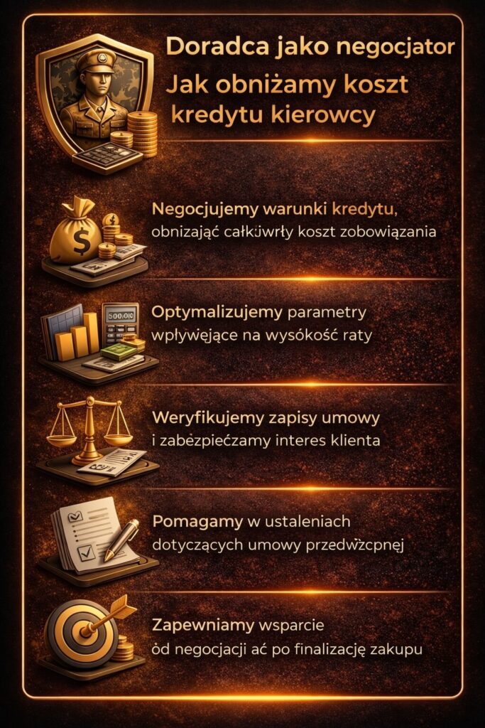Specjalista kredytów hipotecznych dla kierowców negocjuje warunki finansowania, obniża całkowity koszt kredytu, optymalizuje raty oraz weryfikuje zapisy umowy, zapewniając klientowi realne oszczędności i pełne wsparcie przy zakupie nieruchomości