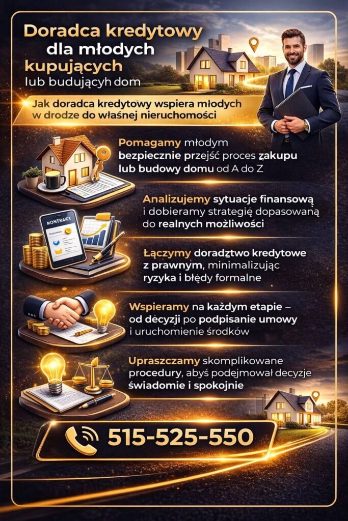 Doradca kredytowy dla młodych pomagający w uzyskaniu kredytu hipotecznego na mieszkanie lub dom, analiza zdolności kredytowej 2026, wsparcie prawne i finansowe, bezpieczny proces zakupu nieruchomości bez wkładu własnego i optymalizacja kosztów kredytu