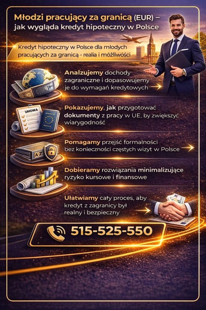 Doradca kredytowy dla młodych pracujących za granicą, kredyt hipoteczny w Polsce przy dochodach w EUR, analiza zdolności kredytowej, dokumentacja zagraniczna, minimalizacja ryzyka kursowego oraz bezpieczne finansowanie zakupu nieruchomości