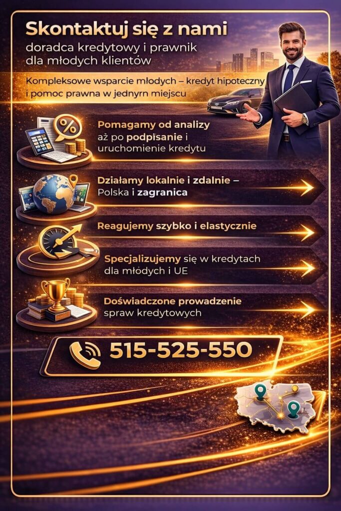 Doradca kredytowy dla młodych kontakt i kompleksowe wsparcie w kredycie hipotecznym, doradztwo finansowe i prawne w jednym miejscu, szybka analiza zdolności kredytowej oraz pomoc w uzyskaniu kredytu na mieszkanie lub dom bez zbędnych formalności