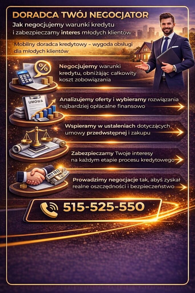 Ekspert kredytowy dla młodych negocjujący warunki kredytu hipotecznego, analiza ofert bankowych, obniżenie kosztów kredytu, wsparcie przy umowie przedwstępnej oraz zabezpieczenie interesów klienta podczas zakupu nieruchomości