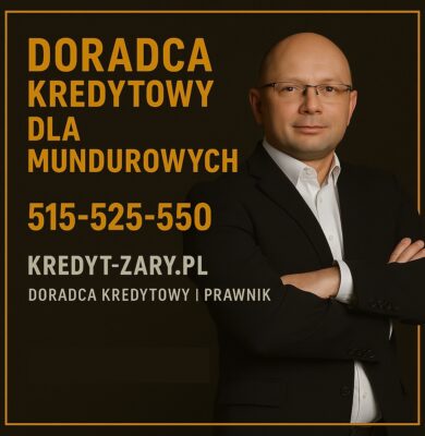 Doradca kredytowy dla mundurowych stojący na ciemnym tle, w profesjonalnej pozie, z wyróżnionymi hasłami kontaktowymi i numerem telefonu 515-525-550. Grafika podkreśla specjalizację w kredytach hipotecznych, analizie prawnej i wsparciu służb mundurowych.