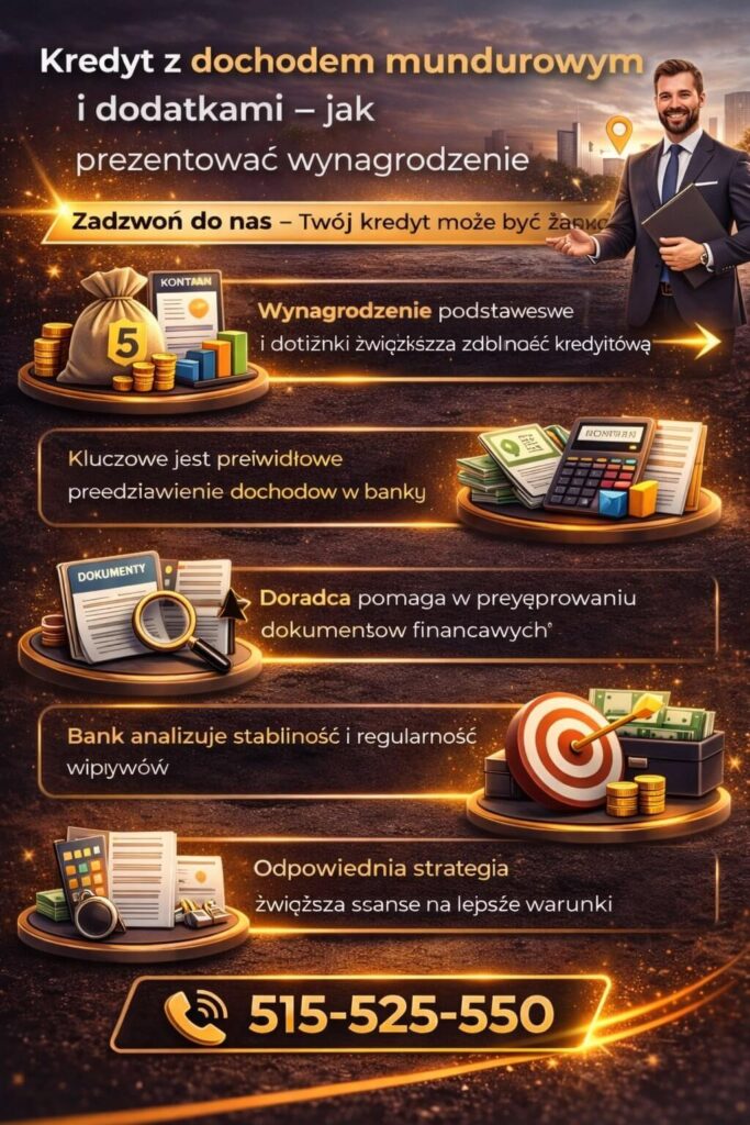 Doradca kredytowy dla mundurowych analizuje dochody podstawowe i dodatki służbowe, pomagając zwiększyć zdolność kredytową. Profesjonalne przygotowanie dokumentów i strategii finansowej pozwala uzyskać lepsze warunki kredytu hipotecznego.