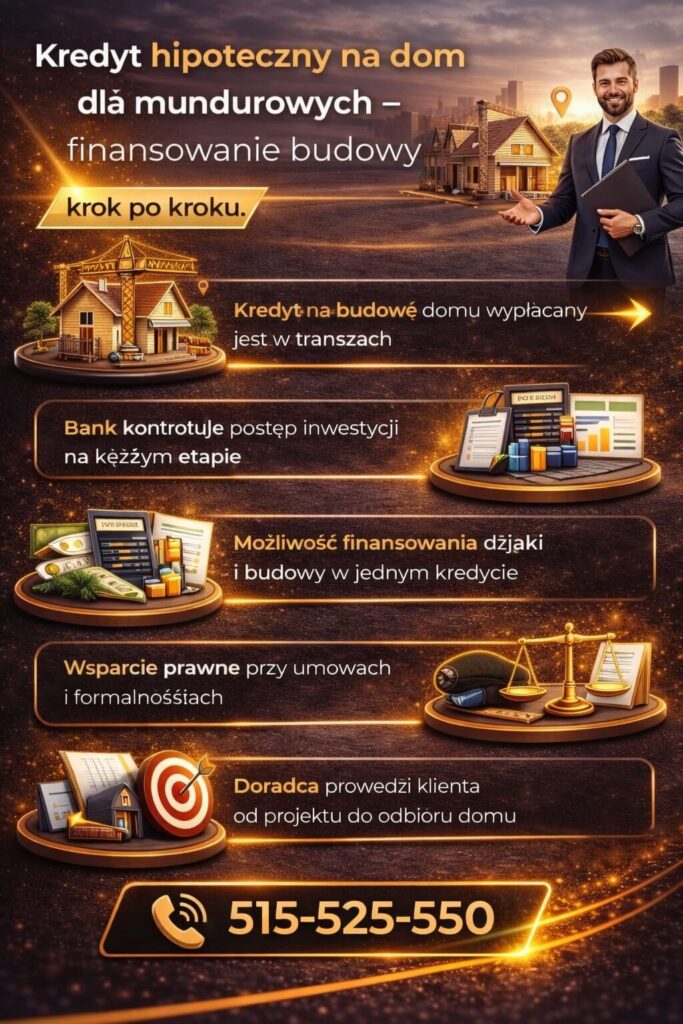 Doradca kredytowy dla mundurowych prowadzi klienta przez proces finansowania budowy domu krok po kroku. Wsparcie obejmuje kredyt na budowę, kontrolę transz oraz analizę formalności i umów, co zwiększa bezpieczeństwo całej inwestycji.