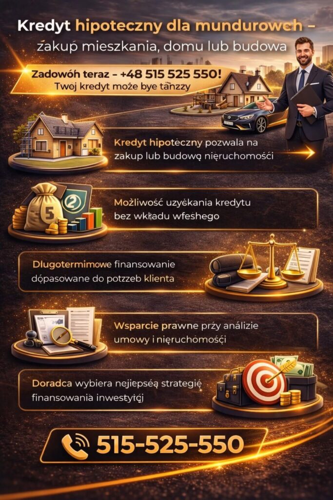 Doradca kredytowy dla mundurowych wspiera w uzyskaniu kredytu hipotecznego na mieszkanie lub dom, także bez wkładu własnego. Pomoc obejmuje analizę umowy, wybór strategii finansowania oraz dopasowanie kredytu do indywidualnych potrzeb klienta.