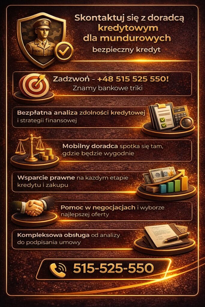Doradztwo kredytowe dla mundurowych – odpowiedzi na najczęstsze pytania dotyczące kosztów, zdolności kredytowej, BIK i czasu decyzji banku. Ekspert wyjaśnia proces kredytowy oraz wskazuje, jak zwiększyć szanse na uzyskanie korzystnego finansowania.