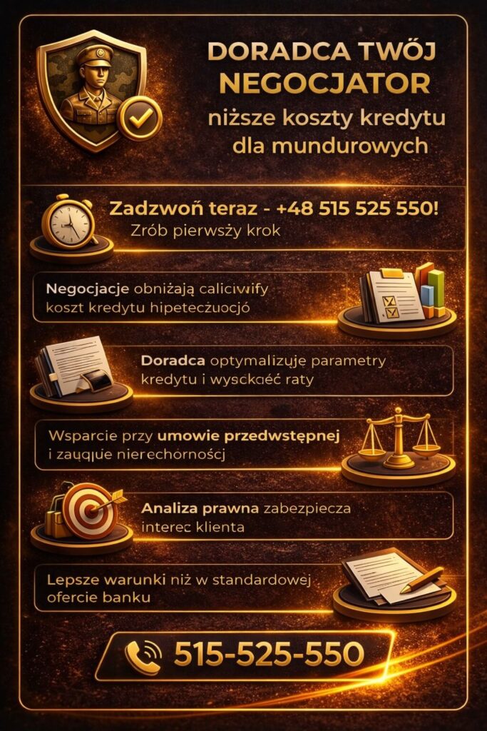 Kredyt hipoteczny dla mundurowych – kontakt z doradcą zapewnia bezpłatną analizę zdolności kredytowej, wsparcie prawne i pomoc w negocjacjach. Kompleksowa obsługa od analizy do podpisania umowy zwiększa bezpieczeństwo i oszczędności klienta.