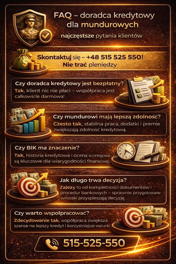 Specjalista kredytowy dla mundurowych pełni rolę negocjatora, obniżając koszty kredytu hipotecznego i poprawiając warunki finansowania. Pomaga w analizie umowy przedwstępnej, optymalizacji parametrów kredytu i zabezpieczeniu interesów klienta.