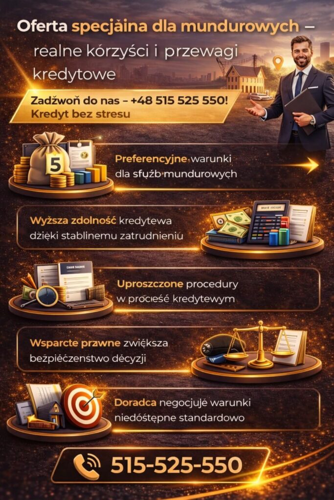Ekspert kredytowy dla służb mundurowych przedstawia specjalną ofertę kredytową z preferencyjnymi warunkami, wyższą zdolnością kredytową i uproszczonym procesem. Wsparcie prawne oraz negocjacje pomagają uzyskać lepsze finansowanie nieruchomości.