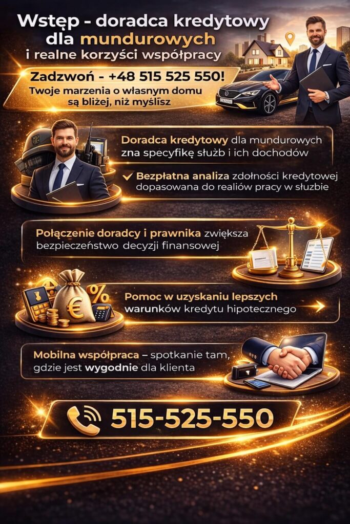 Doradca kredytowy dla mundurowych prezentuje korzyści współpracy przy kredycie hipotecznym – niższe koszty, wsparcie prawne i mobilne doradztwo. Profesjonalna pomoc w analizie zdolności kredytowej oraz dopasowaniu oferty do specyfiki służby i stabilnych dochodów.