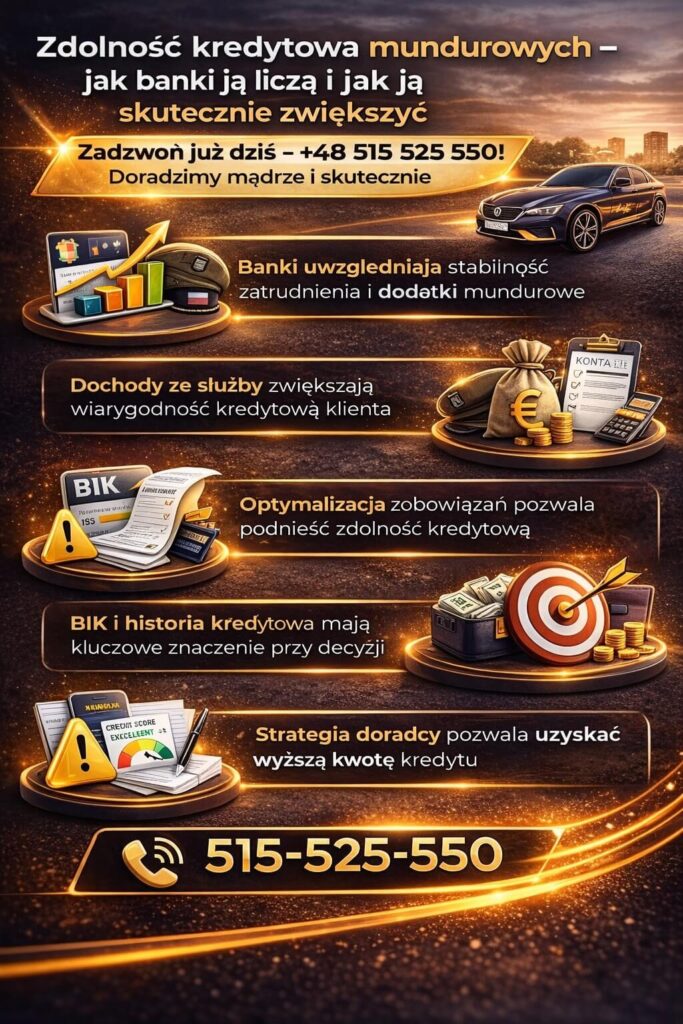 Doradca kredytowy dla mundurowych wyjaśnia, jak banki liczą zdolność kredytową oraz jak ją zwiększyć dzięki optymalizacji zobowiązań, analizie BIK i stabilnym dochodom ze służby. Skuteczne strategie pozwalają uzyskać wyższą kwotę kredytu hipotecznego.