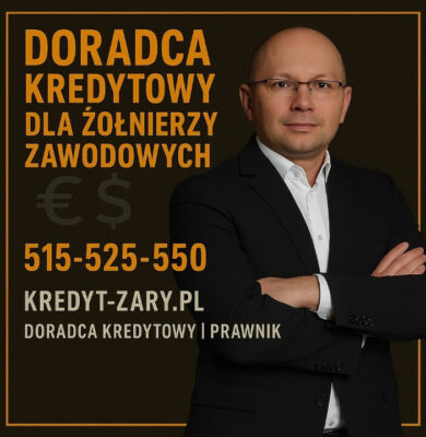 Doradca kredytowy dla żołnierzy zawodowych przedstawiony na grafice informacyjnej z numerem 515-525-550 i adresem kredyt-zary.pl. Profesjonalne wsparcie przy kredycie hipotecznym, analizie zdolności, dokumentach i procedurach dla wojska w 2025.