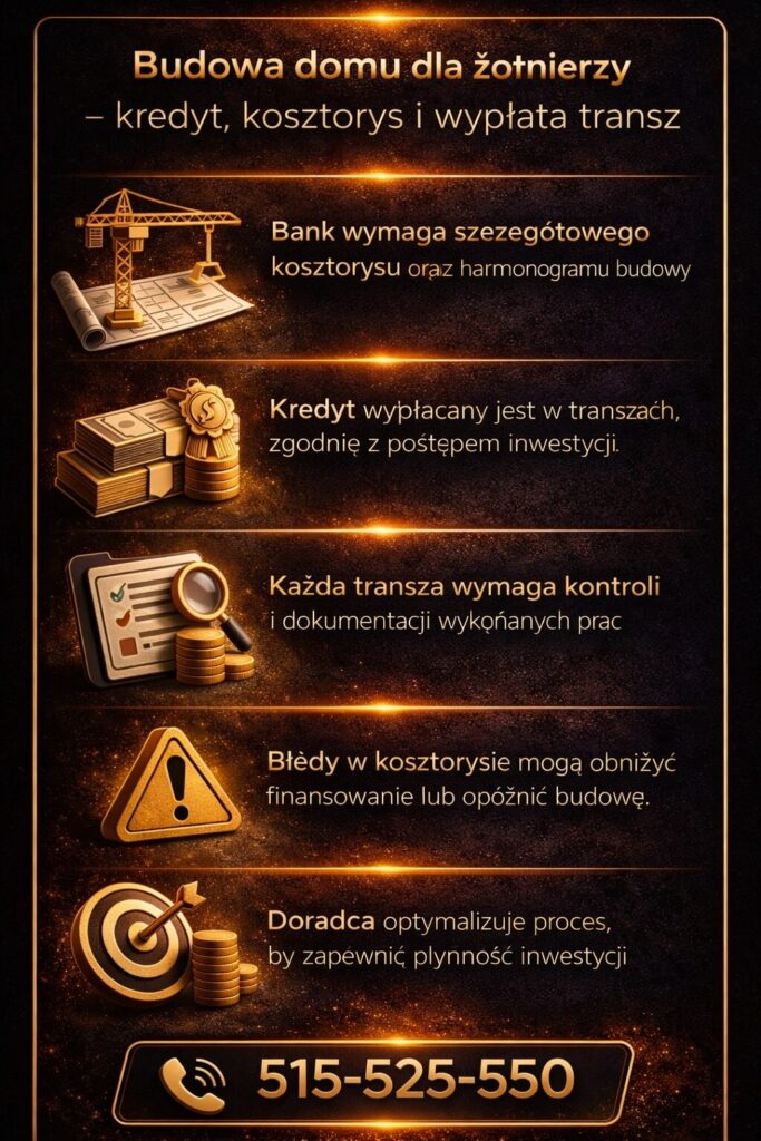 Doradca kredytowy dla żołnierzy zawodowych wyjaśnia proces budowy domu – kosztorys, harmonogram i wypłata transz kredytu hipotecznego. Infografika pokazuje, jak uniknąć błędów i zapewnić płynność finansowania inwestycji.