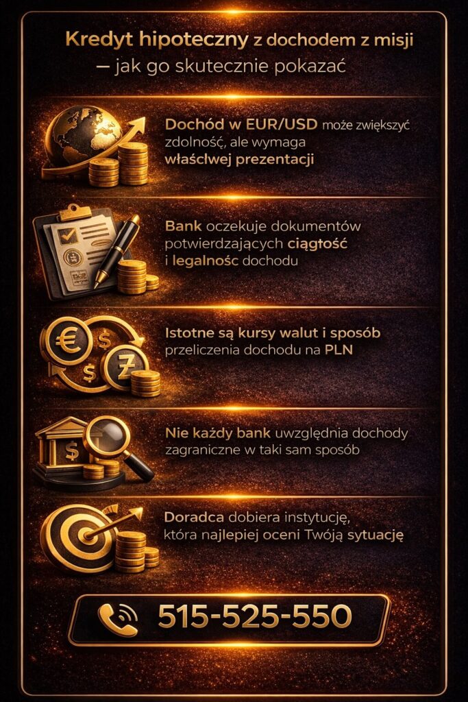 Ekspert kredytowy dla wojskowych pokazuje, jak uwzględnić dochody z misji zagranicznych w analizie bankowej. Infografika wyjaśnia znaczenie dokumentów, kursów walut i wyboru instytucji dla zwiększenia zdolności kredytowej.