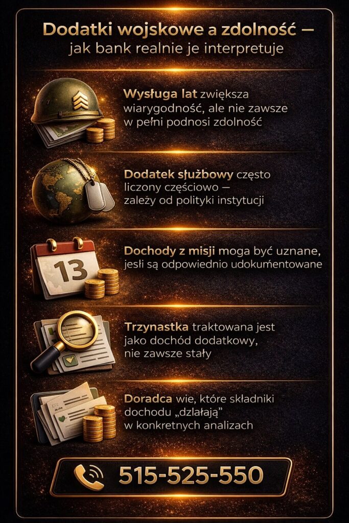 Doradca kredytowy dla żołnierzy zawodowych analizuje dodatki wojskowe i ich wpływ na zdolność kredytową. Infografika pokazuje interpretację dochodów z misji, dodatków i trzynastek oraz ich realne znaczenie dla decyzji kredytowej.