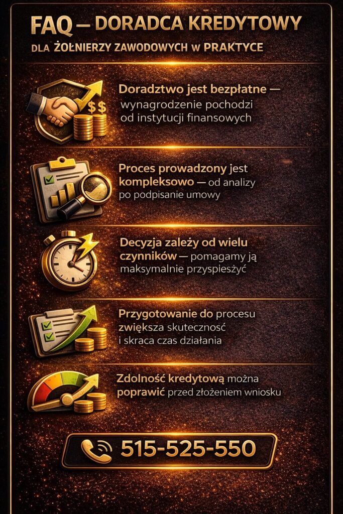 Ekspert kredytowy dla żołnierzy zawodowych odpowiada na najczęstsze pytania – koszty doradztwa, przebieg procesu i poprawa zdolności kredytowej. Infografika FAQ wyjaśnia kluczowe kwestie przed złożeniem wniosku.