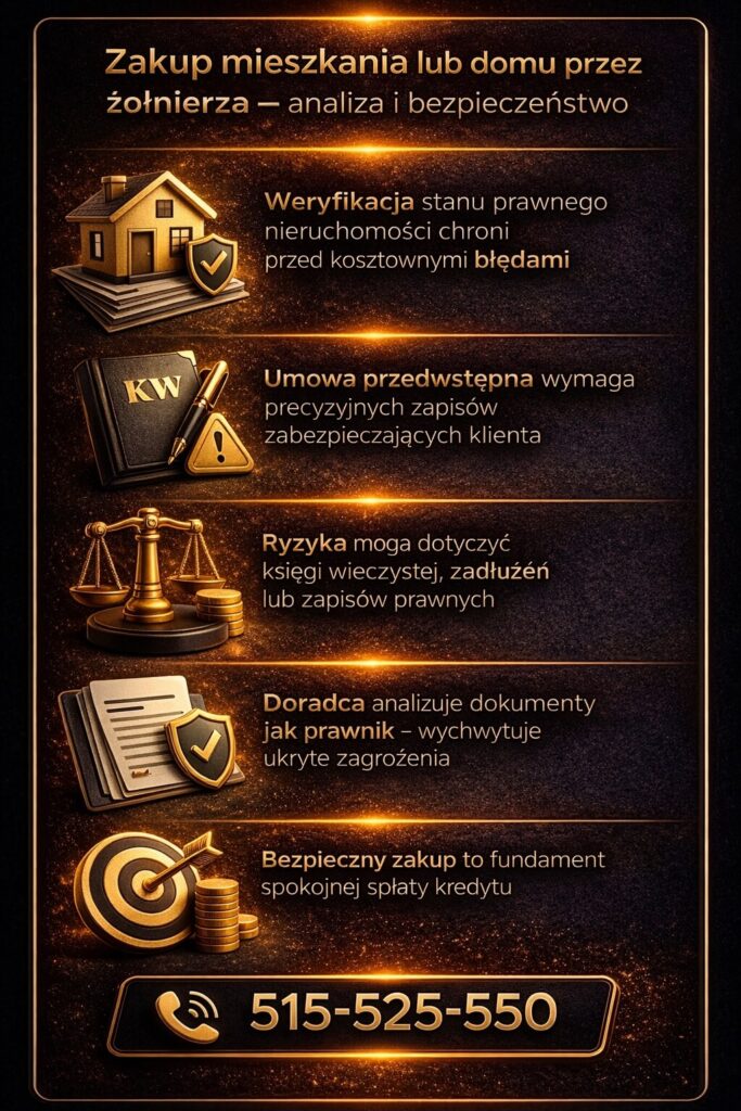 Doradca kredytowy dla żołnierzy zawodowych wspiera zakup nieruchomości – analiza księgi wieczystej, umowy i ryzyk prawnych. Infografika pokazuje, jak bezpiecznie kupić mieszkanie lub dom i uniknąć kosztownych błędów.