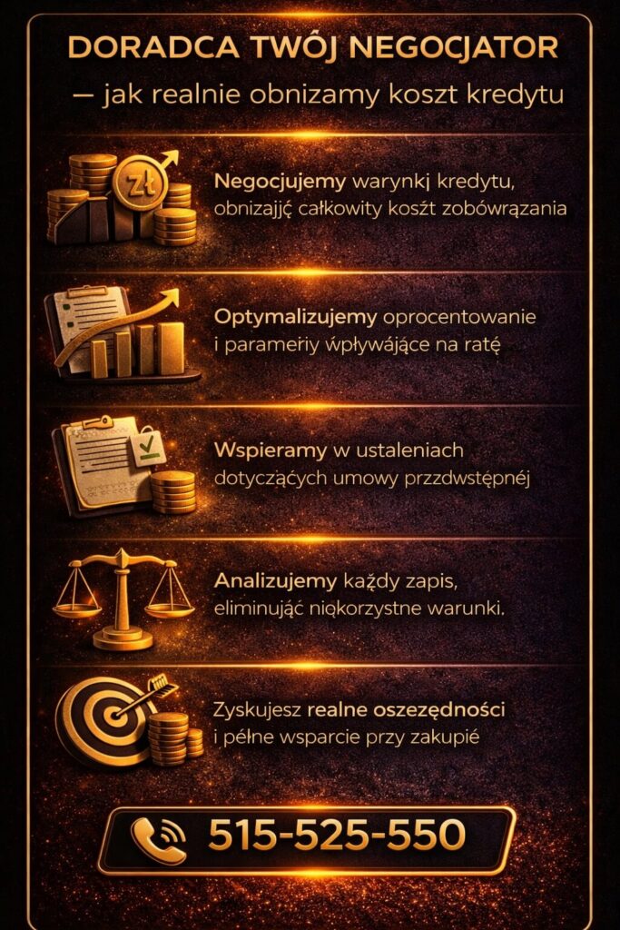 Doradca finansowy dla żołnierzy zawodowych negocjuje warunki kredytu hipotecznego – obniża koszty, optymalizuje raty i analizuje umowy. Infografika pokazuje, jak realnie oszczędzić i zabezpieczyć zakup nieruchomości.