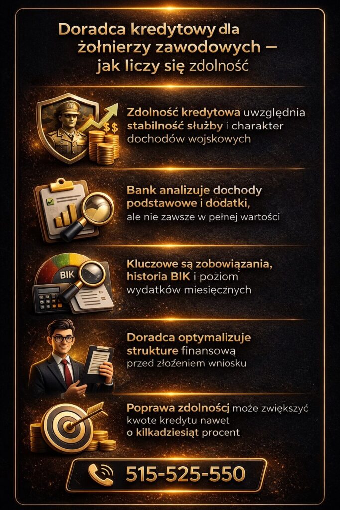 Doradca kredytowy dla żołnierzy zawodowych wyjaśnia, jak liczona jest zdolność kredytowa – stabilność służby, dochody, historia BIK i zobowiązania. Infografika pokazuje kluczowe czynniki wpływające na wysokość kredytu hipotecznego.