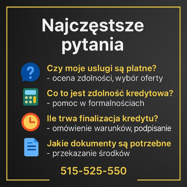 Grafika w formie FAQ prezentuje najczęstsze pytania klientów: koszt usług, znaczenie zdolności kredytowej, czas finalizacji kredytu i wymagane dokumenty. Przejrzyste ikony ułatwiają szybkie odnalezienie odpowiedzi