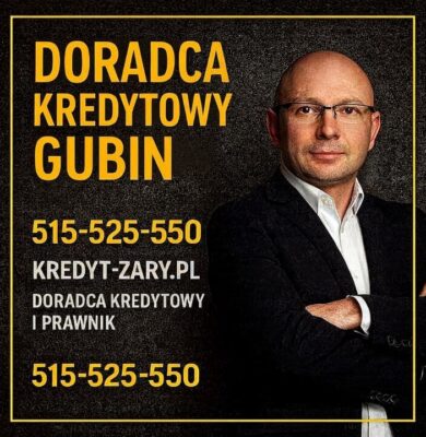 Doradca kredytowy Gubin – profesjonalna grafika prezentująca eksperta finansowego i prawnika z numerem kontaktowym 515-525-550 oraz adresem kredyt-zary.pl. Zdjęcie promuje bezpłatną pomoc przy kredytach hipotecznych i bezpiecznym zakupie nieruchomości.