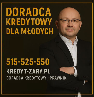 Doradca kredytowy dla młodych stojący na ciemnym, eleganckim tle, w złotej ramce, z widocznym numerem telefonu i adresem kredyt-zary.pl. Profesjonalny wizerunek eksperta pomagającego młodym klientom w bezpiecznym zakupie i finansowaniu domu oraz analizie umów i dokumentów.