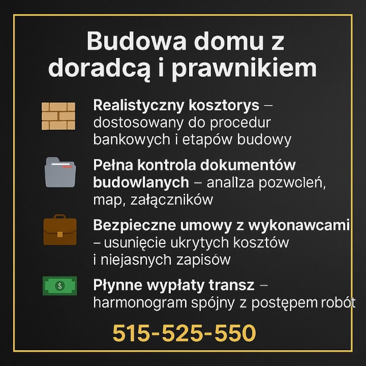 Infografika ukazująca, jak ekspert wspiera budowę domu: tworzy realistyczny kosztorys, analizuje dokumenty budowlane, zabezpiecza umowy z wykonawcami i pilnuje wypłat transz. Ciemne tło, złota ramka i kontakt 515-525-550.