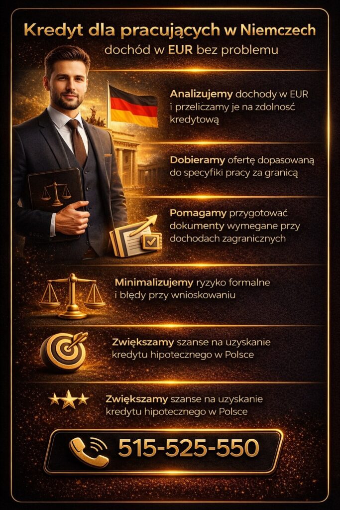 Ekspert kredytowy w Gubinie pomaga osobom pracującym za granicą uzyskać kredyt hipoteczny w Polsce, analizując dochody w euro i przygotowując dokumenty. Zwiększa zdolność kredytową i minimalizuje ryzyko formalne przy wnioskowaniu.