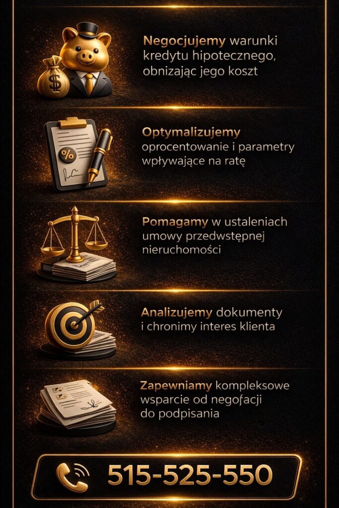 Specjalista kredytowy Gubin negocjuje warunki kredytu hipotecznego, optymalizując oprocentowanie i koszty. Zapewnia wsparcie przy umowie przedwstępnej, analizuje dokumenty i chroni interes klienta na każdym etapie zakupu nieruchomości.