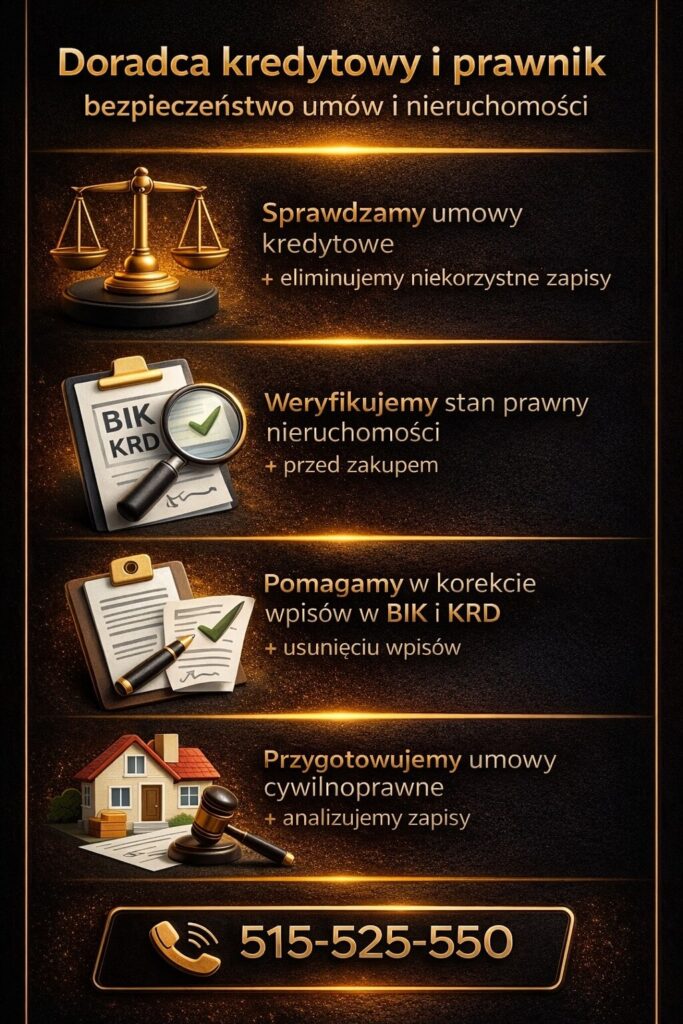 Doradztwo kredytowe i prawne w Gubinie obejmuje analizę umów, weryfikację stanu prawnego nieruchomości oraz pomoc w korekcie wpisów BIK i KRD. Dzięki temu klient unika ryzyka i podejmuje bezpieczne decyzje finansowe przy zakupie nieruchomości.