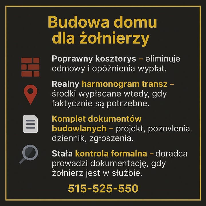 Materiały pokazują wsparcie, jakie ekspert kredytowy dla żołnierzy zawodowych zapewnia przy budowie domu: poprawny kosztorys, realny harmonogram transz, pełną dokumentację budowlaną oraz stały nadzór formalny podczas służby, co eliminuje opóźnienia i ryzyka.