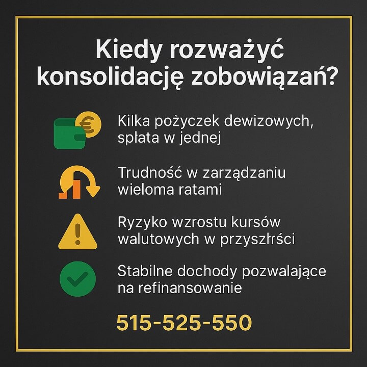 Grafika omawia sytuacje, w których warto rozważyć konsolidację przy pożyczce EUR: wiele zobowiązań dewizowych, trudność w zarządzaniu ratami, ryzyko kursowe i stabilne dochody umożliwiające refinansowanie. Telefon 515-525-550.