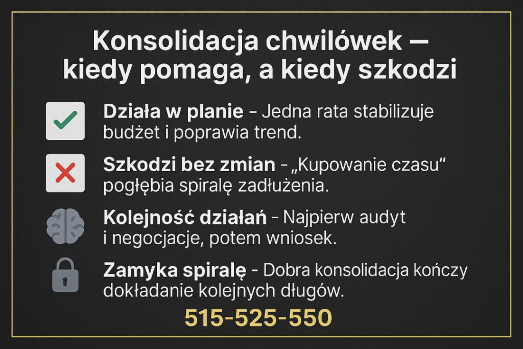 Konsolidacja chwilówek – infografika wyjaśniająca, kiedy jedna rata pomaga ustabilizować budżet, a kiedy szkodzi i pogłębia zadłużenie. Grafika pokazuje znaczenie audytu, negocjacji i właściwej kolejności działań przy wyjściu z pętli chwilówek.