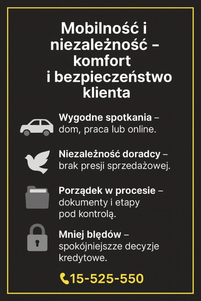 Ekspert kredytowy Lubsko zapewniający mobilne i niezależne doradztwo finansowe. Wygodne spotkania w domu, pracy lub online, pełna kontrola dokumentów i procesu kredytowego oraz brak presji sprzedażowej, co przekłada się na spokojniejsze i bezpieczniejsze decyzje klientów.