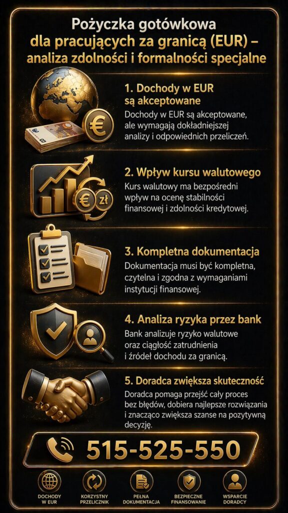 Kredyt gotówkowy dla osób pracujących za granicą w Nowogrodzie Bobrzańskim – grafika omawiająca dochody w EUR, analizę kursu walutowego, wymagane dokumenty oraz ocenę ryzyka przez bank. Profesjonalne wsparcie zwiększa skuteczność uzyskania finansowania.