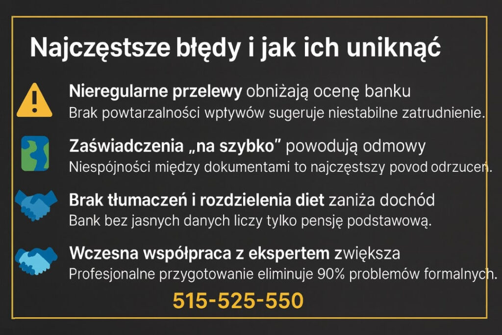 Infografika pokazuje najczęstsze błędy przy kredyt hipoteczny EUR dla kierowców: nieregularne przelewy, zaświadczenia „na szybko”, brak tłumaczeń i diet oraz znaczenie współpracy z ekspertem. Podkreśla wpływ błędów na decyzję kredytową i wskazuje numer 515-525-550.